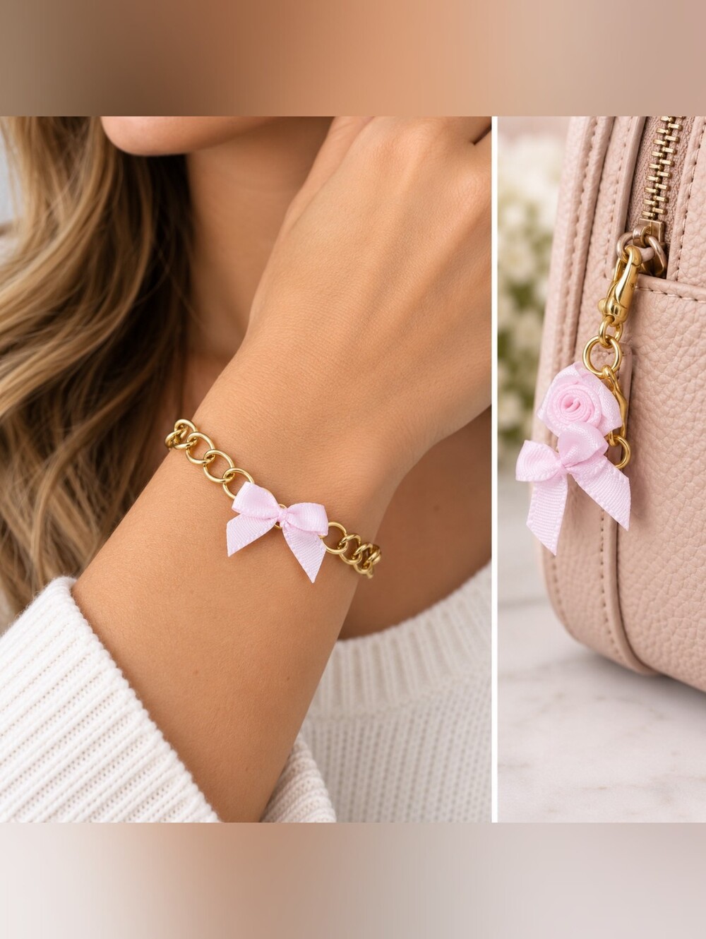 Handmade Gold Tone Bracelet w/ Sweet Baby Pink Bow + Martching Charm 1 of A Kind